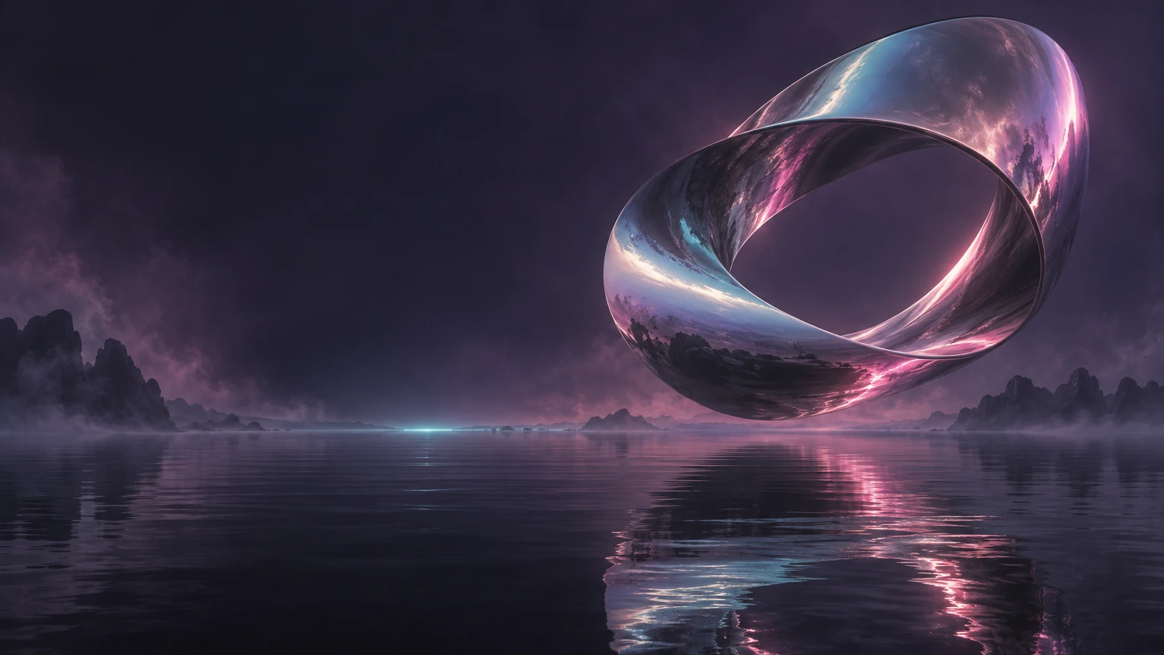Iridescent chrome suspended over still water